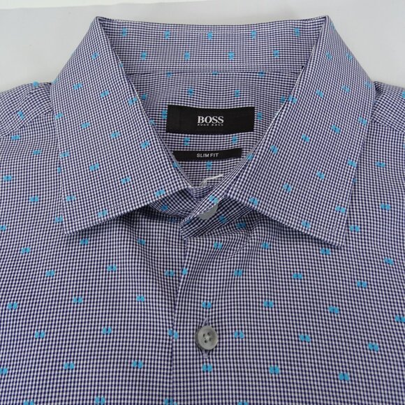 Hugo Boss Shirt Mens 41/16 Blue Dots Button Long Sleeve Cotton Textured - Picture 1 of 6